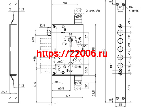 Корпус Mettem (Меттэм) врезного замка с защёлкой ЗВ7 318.Т-П-Б с тягами (функция блокировки защёлки) фото 2 Корпус Mettem (Меттэм) врезного замка с защёлкой ЗВ7 318.Т-П-Б с тягами (функция блокировки защёлки) фото 2