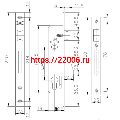 Корпус Kale kilit (Кале килит) узкопрофильного замка с защёлкой 253 (25 mm) w/b (никель) фото 3