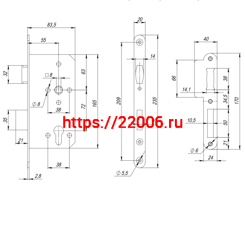Замок Fuaro (Фуаро) врезной DD.INOX/C-55.72/R с роликовой защелкой (лиц.планка 20 мм) фото 2