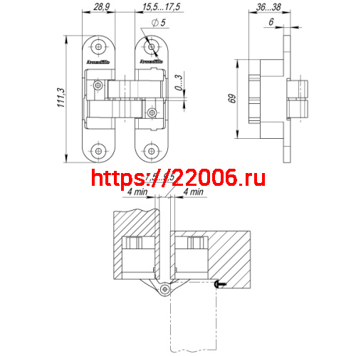Петля Armadillo (Армадилло) скрытой установки U3D6200R SC правая (Architect 3D-ACH 60) мат. хром 60 кг фото 4 Петля Armadillo (Армадилло) скрытой установки U3D6200R SC правая (Architect 3D-ACH 60) мат. хром 60 кг фото 4