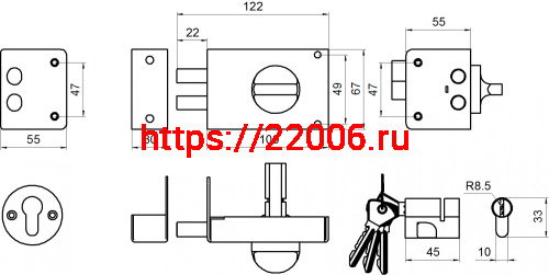 Замок Omega (Омега) накладной цилиндровый ЗН1 2Р черный фото 2
