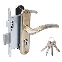 Замок Omega (Омега) врезной цилиндровый с защёлкой в комплекте с ручкой ЗВ4-55.27 (ант.бронза), 4 кл.