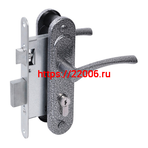 Замок Absolyute (Абсолют) врезной цилиндровый с защёлкой в комплекте с ручкой ЗВ4-3/07 (серебро антик), 4 кл.