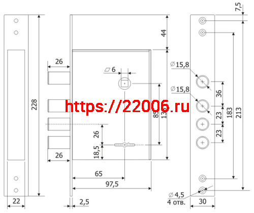 Замок Guardian (Гардиан) врезной сувальдный с защёлкой ЗВ 30.04, 4 кл. (длинный кл. 59 мм) /123:185:2/ фото 2