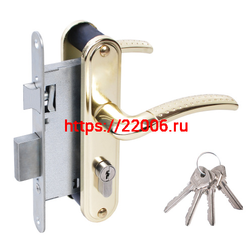 Замок Omega (Омега) врезной цилиндровый с защёлкой в комплекте с ручкой ЗВ4-55.27 (золото-лак), 4 кл. Замок Omega (Омега) врезной цилиндровый с защёлкой в комплекте с ручкой ЗВ4-55.27 (золото-лак), 4 кл.