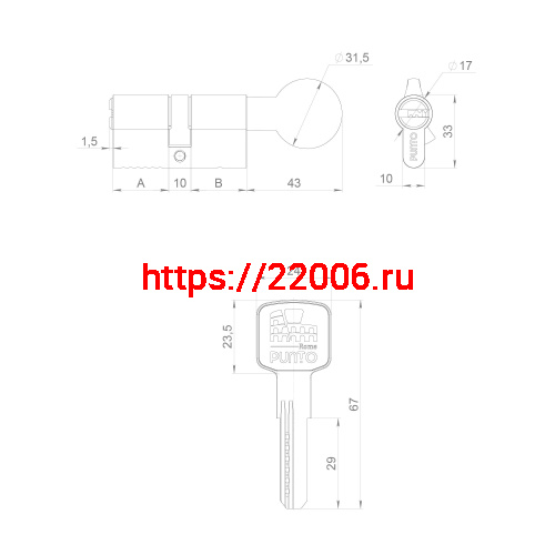Цилиндровый Punto (Пунто) механизм Z3002Knob90(35+10+45) с вертушкой CP хром фото 3