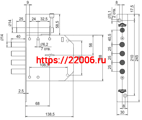 Замок Elbor (Эльбор) врезной сувальдный с задвижкой Базальт 1.05.02, 5 кл. /00396/ фото 2 Замок Elbor (Эльбор) врезной сувальдный с задвижкой Базальт 1.05.02, 5 кл. /00396/ фото 2